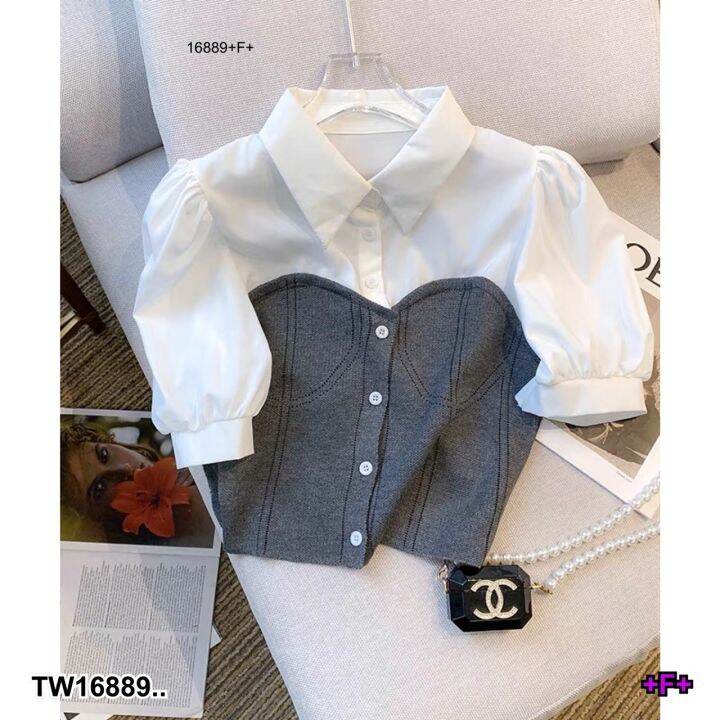 tw16889-เสื้อ-ไหมพรมปกเชิ้ต-แขนสั้น