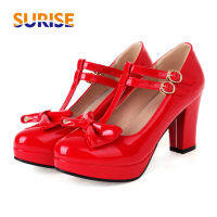 Plus ขนาดผู้หญิงแพลตฟอร์ม Mary Janes หวานสีแดงสีชมพูสิทธิบัตรหนังรองเท้าส้นสูง Bowknot รอบ Toe T-Strap Lolita รองเท้า