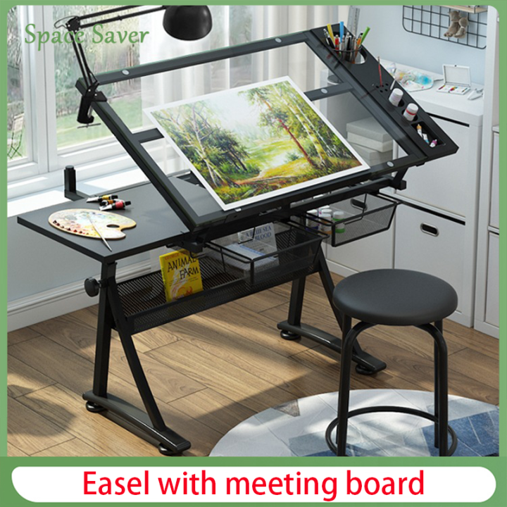 Drawing table Drafting glass table with extra side table drawers