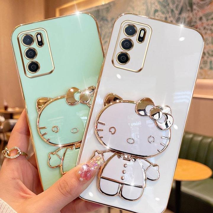 folding-makeup-mirror-phone-case-for-oppo-a16-a16s-a54s-4g-case-fashion-cartoon-cute-cat-multifunctional-bracket-plating-tpu-soft-cover-casing