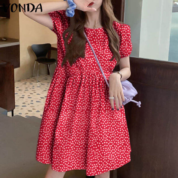 Vonda Women Short Sleeve Polka Dot Print Party Dress Casual Holiday