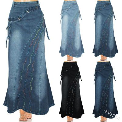 Womens Retro Artistic Style Patchwork Fish Tail Denim Skirt Large Hem Slim Fit Skirt