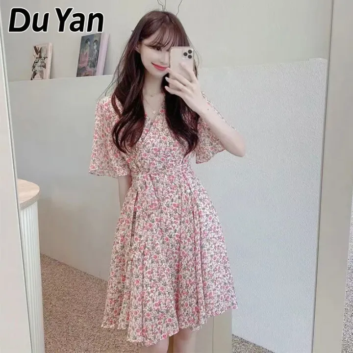 Du Yan เดรสทรงเอไลน์แขนสั้น,กระโปรงแบบบางใส่ง่าย | Lazada.co.th
