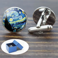 Van Gogh ภาพวาดแก้ว Cufflinks Starry Night Sunflower ชุด Cuff Links ชายอุปกรณ์เสริมสามีของขวัญวันเกิด-Yrrey