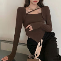 Long-sleeved T-shirt Womens Irregular Short Fake Two-piece Autumn New Temperament Square Collar Bottoming Korean Top.