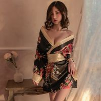 Japanese Kimono Sexy Cosplay Outfit Women Traditional Bathrobe Yukata Costumes Pajamas Soft Silk Belt Lingerie Set Black Red