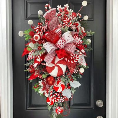 Christmas Wreath Garland Candy Cane Bow Ornament Xmas Front Door Hanging Wall Home Decor
