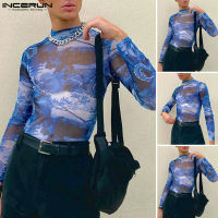 Beehoo INCERUN Mens Long Sleeve See Through Hippy Printed T Shirts เสื้อลำลอง Tees Tops (สไตล์ตะวันตก)