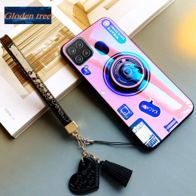 Gloden tree For Samsung Galaxy M33 5G Case Camera Pattern + Stand + Beautiful Tassel Hand Strap Protective Back Cover Couple Cases