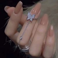 Korean Punk Silver Color Crystal Butterfly Rings For Women Girls Fashion Geometric Wide Chain Finger Rings Party Jewelry Gift