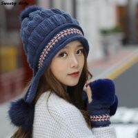 【YD】 2022 Knit Hat Fur Bomber Snow Hats Pompom Female Hip-Hop Beanie Outdoor Ear Protection Cap