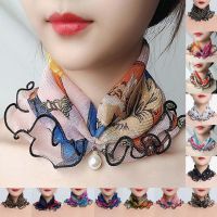 【Ready】Scarf Painting Print Imitation Pearl Durable Ruffle Edge Lady Headscarf For Banquet