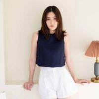 SUUBE Official LALA CROPPED TOP- Navy(กรม) เสื้อครอปแขนกุด กระดุมหลัง ผ้าลินินแท้ เย็บกลับทั้งตัวแบบซ่อนตะเข็บ