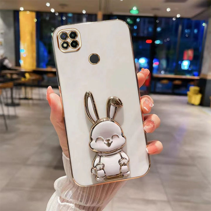 ybdเคสโทรศัพท์หม่สไตล์เข้ากันได้กับ-xiaomi-redmi-9c-10a-9a-8a-redmi-8-9-10-เคสการ์ตูนน่ารัก3dยิ้มกระต่ายชุบขาตั้งพับได้ปกอ่อน