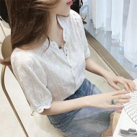 Women Lace Hollow Out Sweet White V-Neck Blouse Half Sleeves Solid Blouse Tops