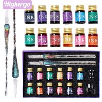 Highergo ชุด Pulpen Kaca ประดิษฐ์ตัวอักษร16ชิ้น/กล่อง,ปากกาจุ่มคริสตัล12หมึกสีสำหรับปากกาเขียนศิลปะเป็นเอกลักษณ์