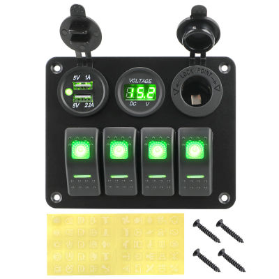 4 Gang 12V24V LED Rocker Switch Panel Dual USB Port Circuit Breaker Waterproof Digital Voltmeter For Car RV Camper Caravans