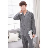 Hot Sale Sleeping Suit For Men Classic Striped Print Home Clothing Man Long Sleeve Poly-cotton Lapel Pjs Men