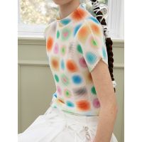 Issey Miyake Mof เสื้อจีบพิมพ์ลายจุดประสาทหลอนแฟชั่นยุโรปและอเมริกา Sweetheart Hot Girl Waffle ครึ่งสูงคอปกแขนสั้นเสื้อยืดผู้หญิง