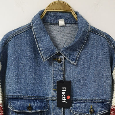 Flectit Oversized Contrast Knitted Sleeve Denim Jacket Women Fringed Tassel Jeans Jackets Street Style 2021