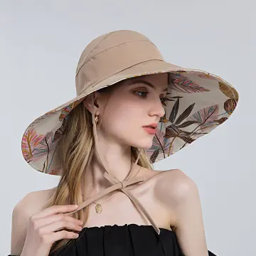 Women Summer Beach Sun Hat Reversible Daisy Embroidered Wide Brim