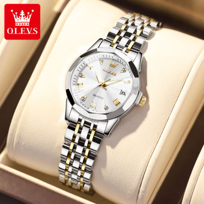 Olevs ผู้หญิงนาฬิกาขายแบรนด์ 2023 แฟชั่นเดิมกันน้ำปฏิทินคู่เรืองแสงแสดงสแตนเลสสง่างามนาฬิกาสำหรับผู้หญิง