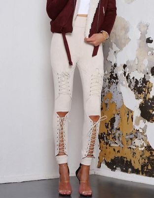 Autumn Sexy Women Lace Up Faux Suede Stretch Bodycon Pencil Pants Hollow Out Winter Female High Waist Bandage Pants