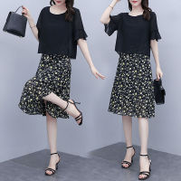 Summer Fake Two Pieces Floral Print Half Sleeve O-neck A-line Natural Chiffon Blue Black Elegant Daily Wear Coctail Dress