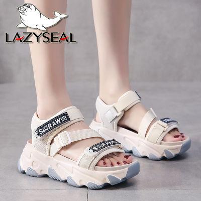 LazySeal Canvas Hook &amp; Loop Sandals Women Female 5cm Platform Summer 2020 Women Letters Height Increasing Wedge Open Toe Shoes