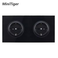 【NEW】 CRAZY DEAL mall Minitiger Crystal Tempered Pure Glass แผงสีดำ16A Double EU Standard Wall Power Socket Outlet Grounded Child Door