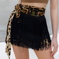 Latin dance skirt female rumba samba chacha dance fringed skirt black pink leopard print lace hip scarf national standard skirt