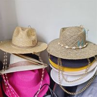 Punk Chain Straw Hat Pearl Chain DIY Jazz Cap Sun Hat New Korean Letter Hat Beach Hat Mens And Womens Punk Hat Candy Color Sun