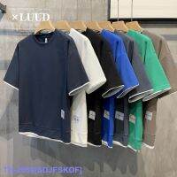 Top LUUD Summer Waffle Striped Cool T-Shirt Trend Patch Stitching Fake Two-Piece Short-Sleeved Round Neck Top Men YY ❀✳