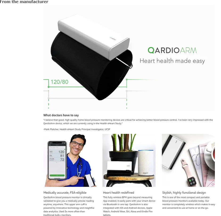 QardioArm Wireless Blood Pressure Monitor: Easy to Use Smart Upper  Bluetooth Arm Cuff. App-enabled for iOS, Android, Apple Watch. FSA/HSA  eligible.