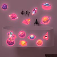 ZZOOI Cartoon Pink Planet Rocket Astronaut Luminous Wall Stickers For Kids Room Bathroom Toilet Wall Decals Glow In The Dark Stickers