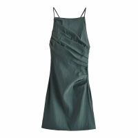 TRAF Za 2021 Ruched Dress Women Green Slip Dress Woman Summer Short Dresses Ladies Sexy Sleeveless Strap Mini Backless Sundress