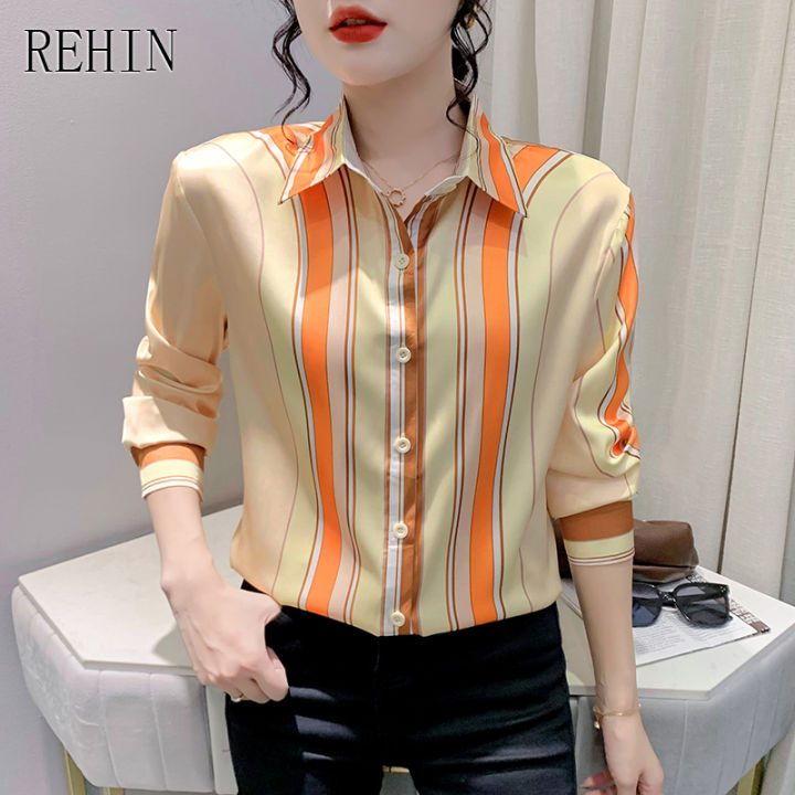 rehin-ผู้หญิงฤดูใบไม้ร่วงและฤดูหนาวใหม่แฟชั่นการพิมพ์เสื้อแขนยาวลาย-clashing-สีหลวม-lapel-เสื้อชีฟองหรูหรา