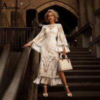 Aimsnug Boho Lace Solid White Perspective Thin Female The Dress Round Neck Embroidery Tassel Bilateral split 2019 Women Dresses