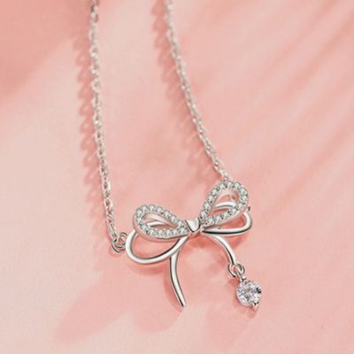[COD] Diamond-encrusted bowknot necklace female fashion fresh girly heart Korean style temperament tassel pendant