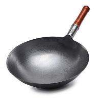 12.5inch Carbon Steel Wok Profession Chinese Traditional Hand Hammered Carbon Steel Pow Wok with Wooden Handle and Steel Helper