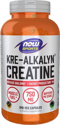 NOW Sports Nutrition (240 Veg Capsules) Kre-Alkalyn Creatine 1500 mg, Mass Building Energy Production Muscle strength and purity ครีเอทินชนิดเม็ด