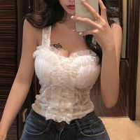 Flower Lace Stitching Zipper Camisole Design Sense Niche Summer WomenS Nun High Waist Bottoming Shirt Beautiful Short Top