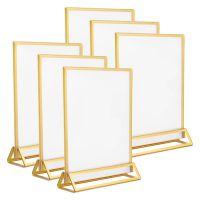 6Pack 5X7 Inch Clear Acrylic Sign Holder with Gold Borders and Vertical Stand, Double Sided Table Holders for Wedding