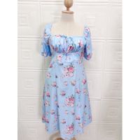 Blossom Sunrise Dress เดรสยาวผ่าหน้าฟ้าดอกชมพูไซส์ใหญ่ (พร้อมส่ง)