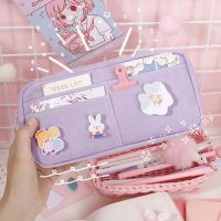 ↂ Kawaii Purple Canvas Pencil Case Cute Animal Badge Pink Pencilcases Large School Pencil Bags for Maiden Girl Stationery Supplies