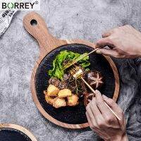 BORREY ร้อนลาวาหินจานสเต็กพรีเมี่ยม Acacia ซูชิพิซซ่าถาดที่ให้บริการคณะกรรมการสำหรับการปรุงอาหารสเต็กปลาแซลมอนแผ่นอาหารแผ่นเสียงชุด