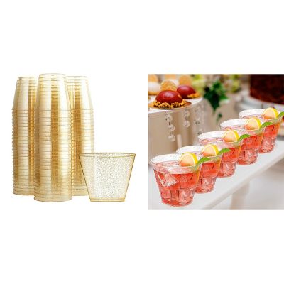 Gold Plastic Cups Clear Plastic Wine Glasses, Fancy Disposable Hard Plastic Cups with Gold Glitter for Party Cups