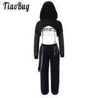 ☊☞▤ Kids Girls Hip Hop Jazz Modern Dance Costume Teen Hooded Long Sleeves Net Cover Up Tops Sleeveless with Crop Vest Pants Outfits