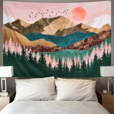 【cw】Japanese Sunset Tapestry Pink Mountain Nature Forest Wave Abstract Landscape Boho Decor Hanging Wall Tapestries Mandala Blanket