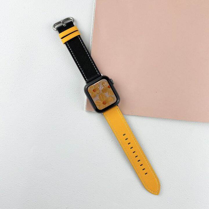 hot-sale-applicable-to-apple-watch-applewatch7-contrast-splicing-two-color-leather-strap-se65432-generation-men-and-women-wristbands